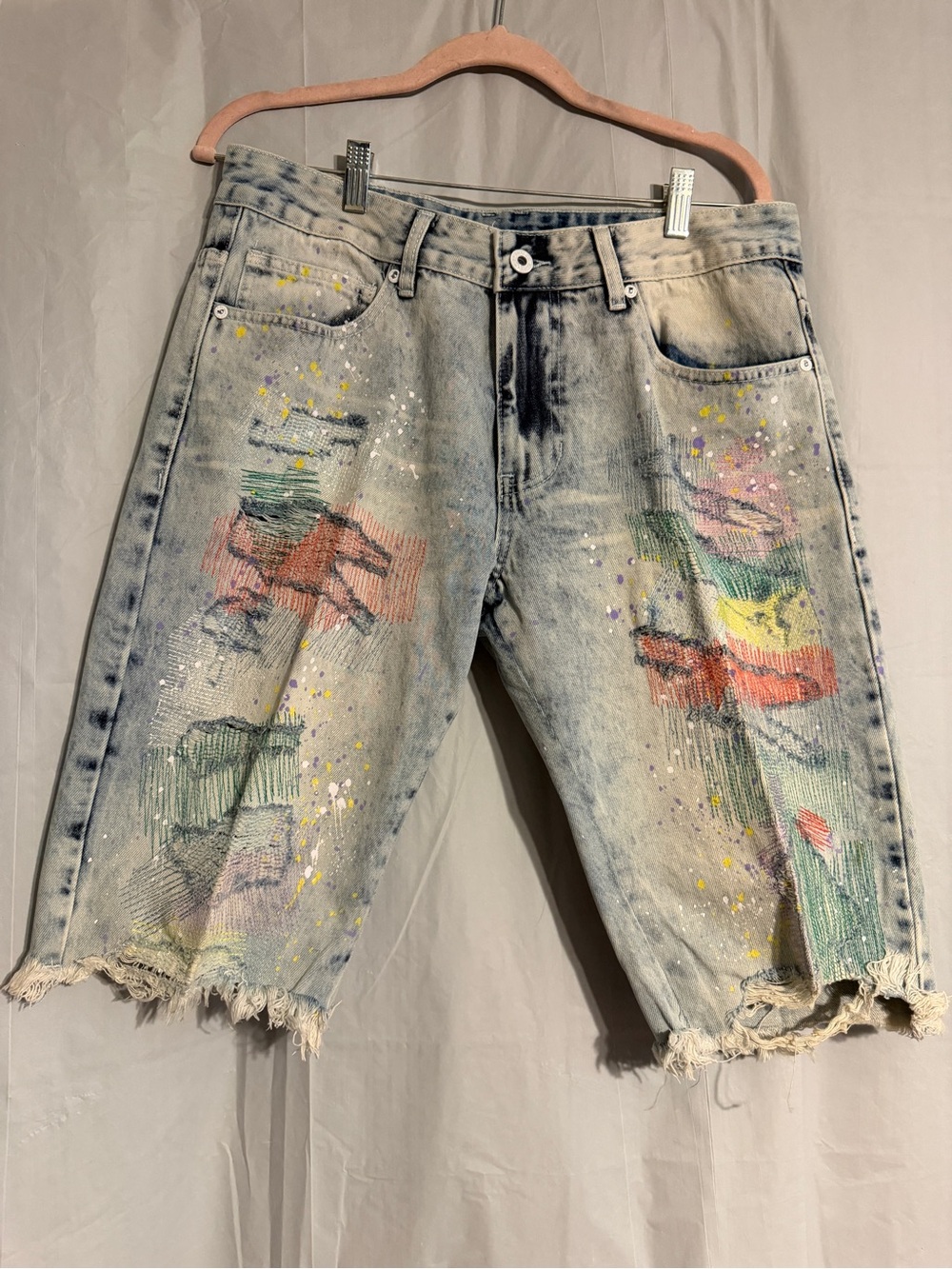 Smoke Rise DNM Co Mens 34 Distressed Denim Shorts Paint Splatter Patchwork Jorts